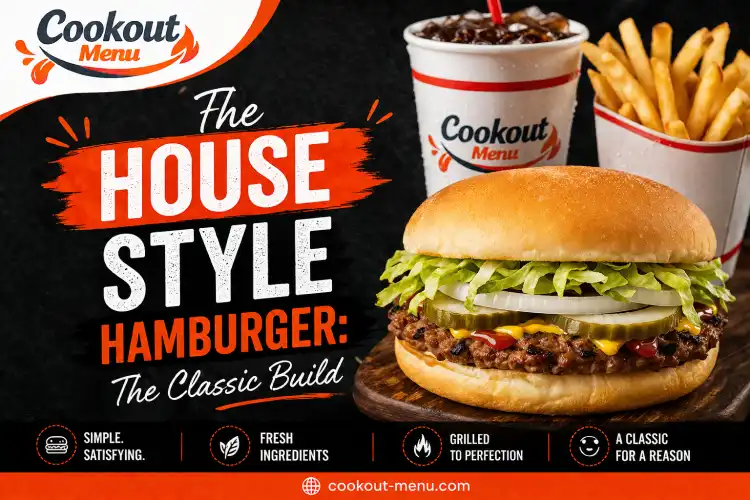 House Style Hamburger featuring fresh lettuce, onions, pickles, and cheese in Cookout's classic burger build.