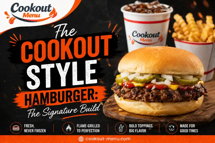 Cookout Style Hamburger with mustard, ketchup, pickles, and onions highlighting the signature Cookout burger build.