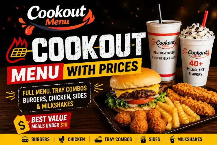 Cookout Menu thumbnail featuring bold typography, BBQ grill icon, flame graphic, and rustic restaurant branding on a square promotional design