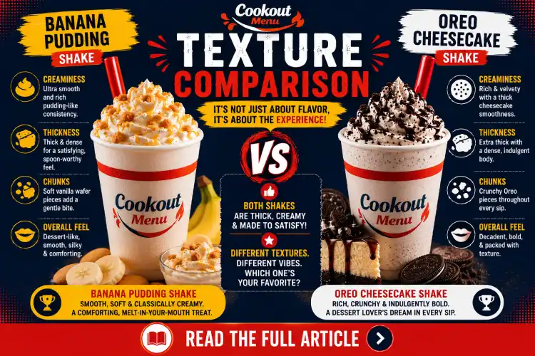 Banana Pudding vs Oreo Cheesecake Shake texture comparison featuring creamy consistency, cookie pieces, and smooth dessert flavors.