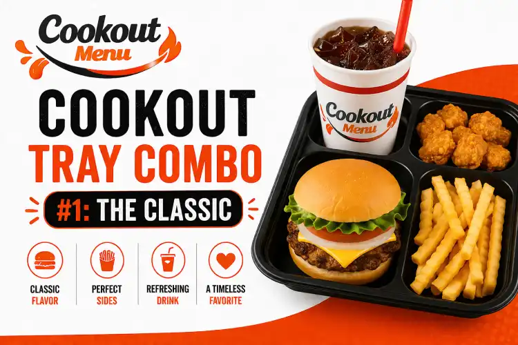 Best Cookout Tray Combos featuring the Classic Cookout tray with a char-grilled burger, crispy fries, chicken nuggets, and a refreshing drink.
