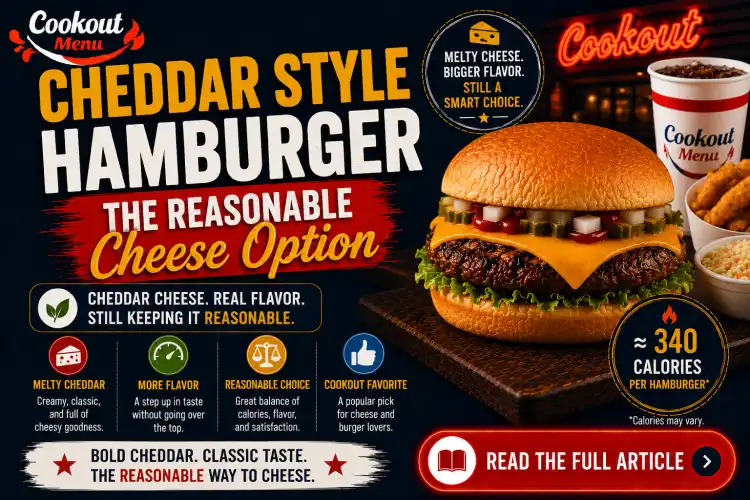Lowest calorie Cookout burger guide featuring the Cheddar Style Hamburger for cheese lovers looking for a reasonable calorie choice.