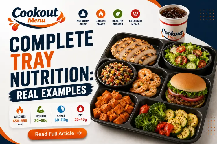 Cookout nutrition guide with real tray nutrition examples, showing calories, protein, carbs, and balanced meal combinations.