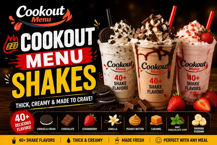 Cookout Menu Shakes featuring 40+ milkshake flavors including chocolate, strawberry, cookies and cream, and banana pudding with Cookout Menu branding.