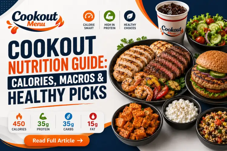 Cookout nutrition guide featuring calories, macros, healthy menu picks, lean proteins, fresh salads, and balanced meal options.