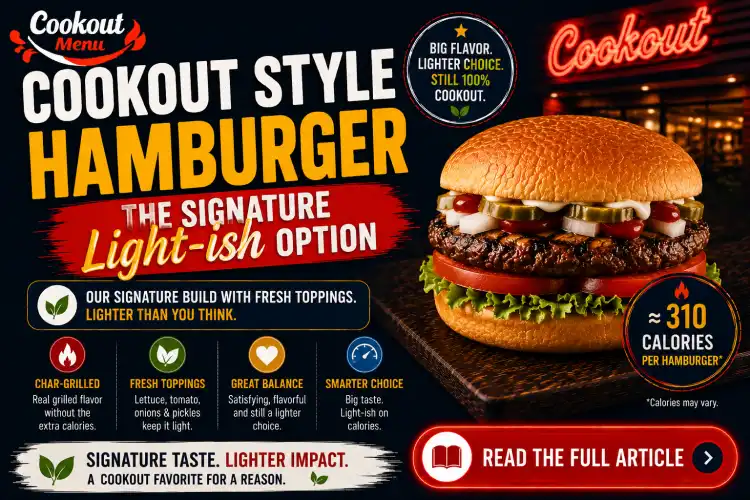 Lowest calorie Cookout burger highlighting the Cookout Style Hamburger with signature toppings and a balanced calorie count.