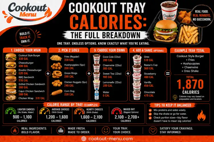 Cookout Tray Calories full breakdown featuring calorie counts for main items, sides, drinks, shakes, and total meal combinations.