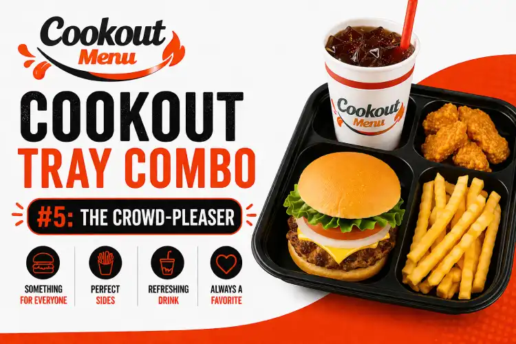 Best Cookout Tray Combos presenting the Crowd-Pleaser with a juicy burger, crispy fries, chicken bites, and a signature Cookout drink.