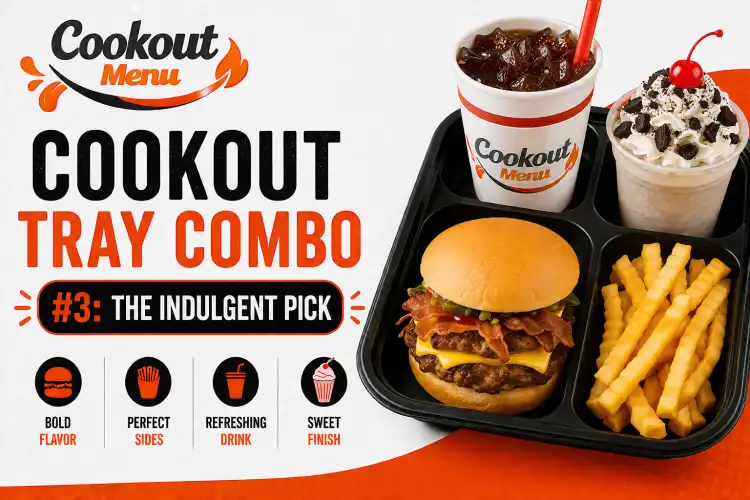 Best Cookout Tray Combos showcasing the Indulgent Pick with a loaded cheeseburger, crispy fries, a milkshake, and a fountain drink.