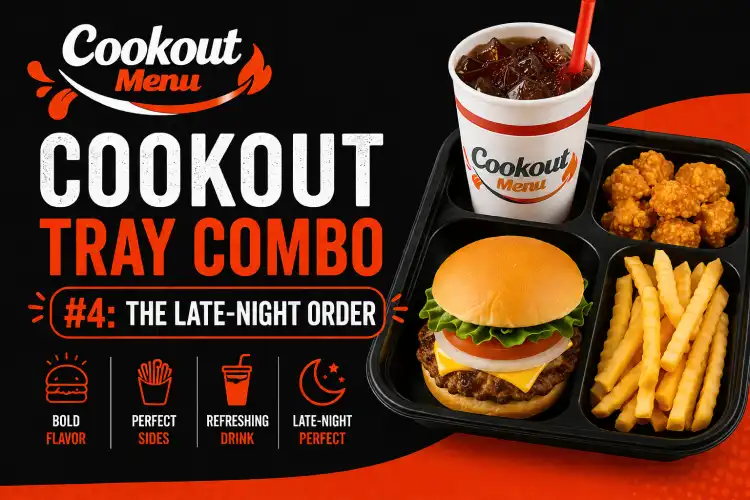 Best Cookout Tray Combos featuring the Late-Night Order with a classic burger, fries, chicken bites, and a refreshing drink.