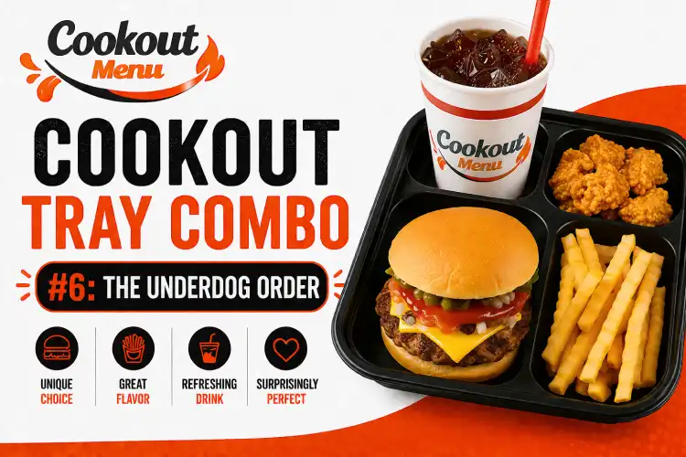Best Cookout Tray Combos highlighting the Underdog Order with a flavorful cheeseburger, fries, chicken bites, and a refreshing beverage.