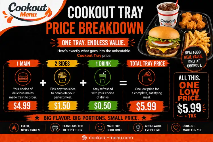 Cookout Tray Price breakdown infographic explaining the cost of a Cookout tray with mains, sides, drinks, and overall value.