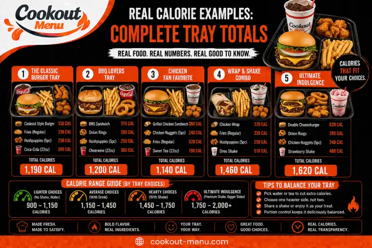 Cookout Tray Calories examples showing complete tray totals with burgers, fries, drinks, shakes, and total calorie counts.