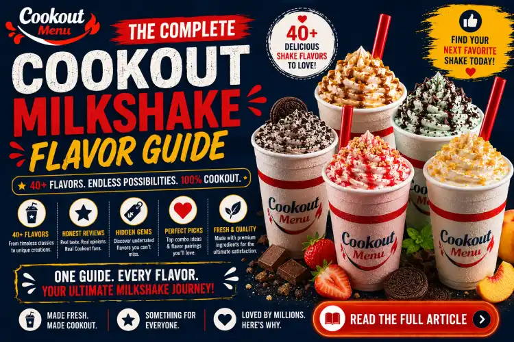 Cookout Milkshake flavor guide showcasing classic, seasonal, and specialty shakes with over 40 delicious flavor options.
