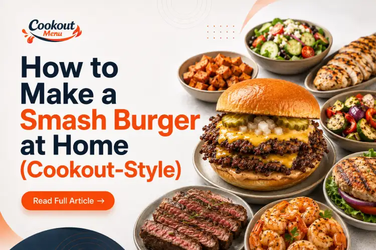 Homemade Cookout style smash burger with crispy beef patties, melted cheese, pickles, onions, and grilled sides