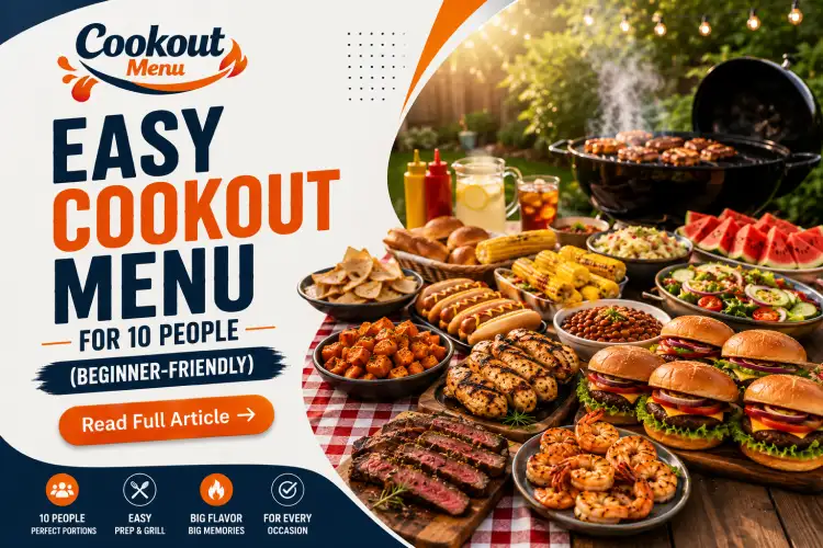 Easy Cookout menu for 10 people featuring grilled burgers, BBQ chicken, fresh sides, and drinks for a beginner-friendly backyard gathering.