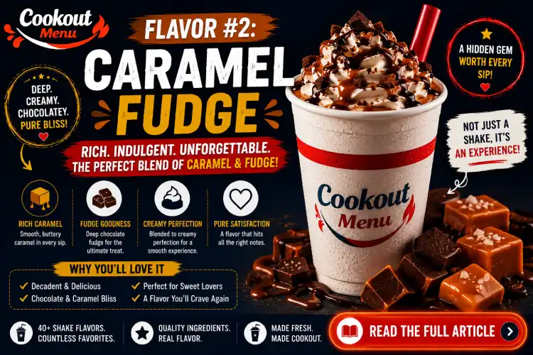 Underrated Cookout Milkshake Flavors highlighting the rich Caramel Fudge Shake with smooth caramel and chocolate fudge.
