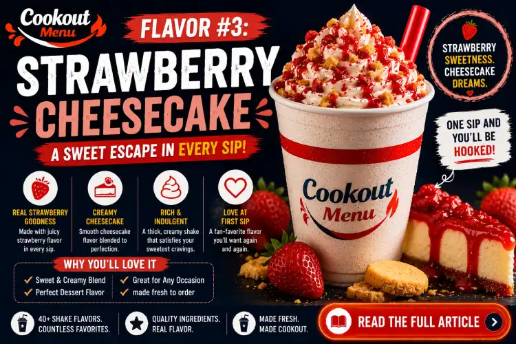 Underrated Cookout Milkshake Flavors showcasing the Strawberry Cheesecake Shake with sweet strawberries and creamy cheesecake.