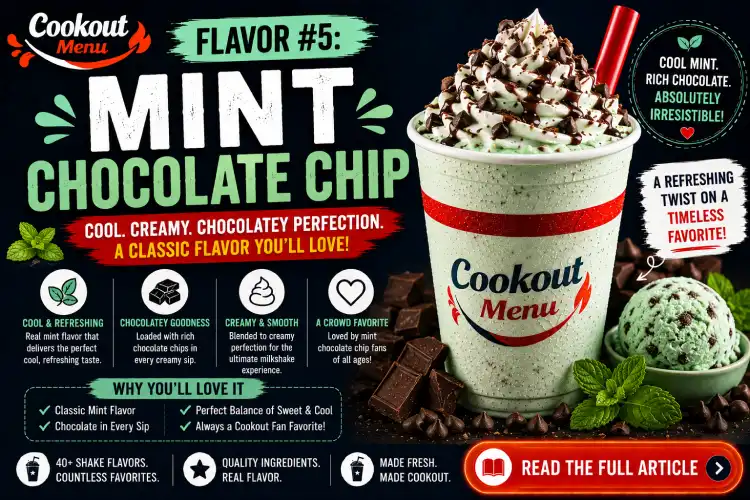 Underrated Cookout Milkshake Flavors highlighting the Mint Chocolate Chip Shake with cool mint and rich chocolate pieces.