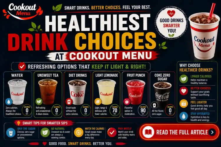 Healthiest Cookout menu items with water, unsweetened tea, diet drinks, and other low-calorie beverage choices.