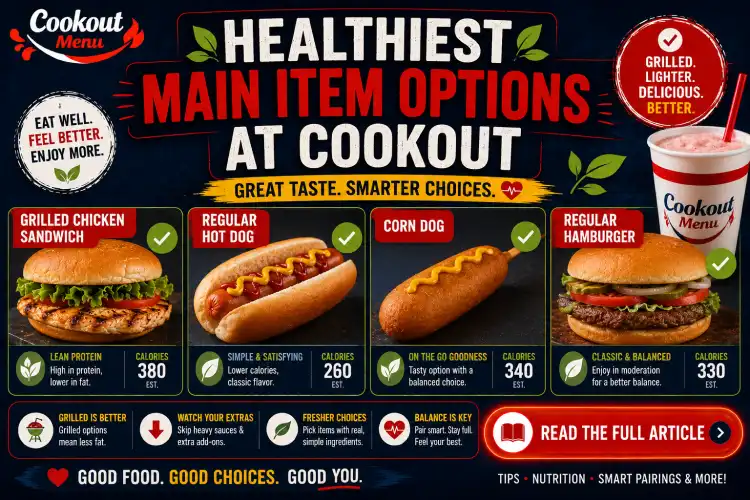 Healthiest Cookout menu items including grilled chicken sandwich, regular hamburger, hot dog, and corn dog for smarter meal choices.