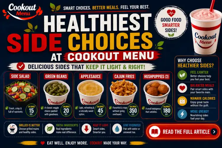 Healthiest Cookout menu items featuring side salad, green beans, applesauce, and other lighter side options.