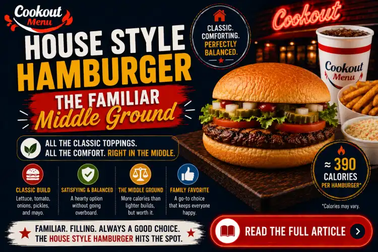 Lowest calorie Cookout burger comparison featuring the House Style Hamburger as a balanced mid-calorie menu option.