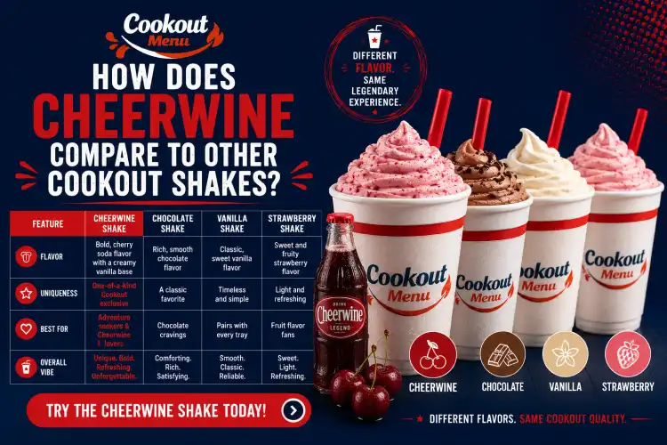 Cookout Cheerwine Shake comparison with popular Cookout milkshake flavors including chocolate, vanilla, strawberry, and specialty options.