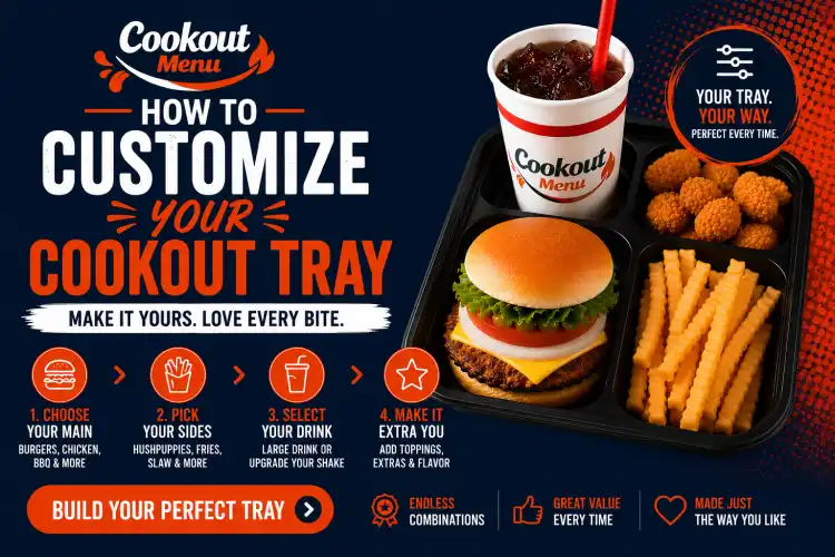 Cookout Tray customization guide showing how to choose your main item, sides, drink, toppings, and shake upgrade.