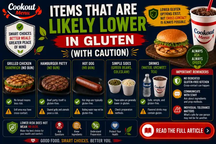 Is Cookout gluten free guide featuring menu items that may be lower in gluten while highlighting the risk of cross-contact.