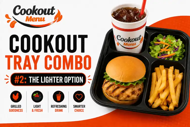 Best Cookout Tray Combos highlighting the Lighter Option with a grilled chicken sandwich, fresh sides, fries, and a refreshing drink.