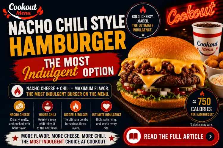 Lowest calorie Cookout burger guide showing the Nacho Chili Style Hamburger as the highest-calorie and most indulgent menu choice.