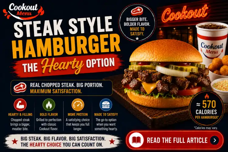 Lowest calorie Cookout burger comparison highlighting the Steak Style Hamburger as a hearty, higher-calorie burger option.