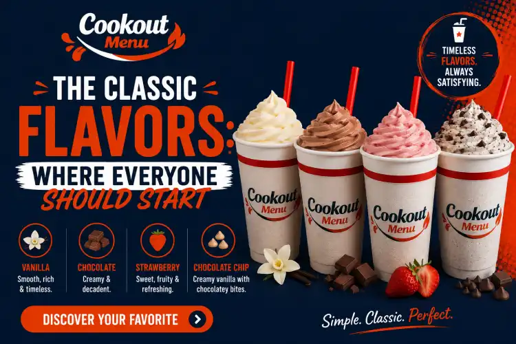 Best Cookout Milkshake Flavor featuring classic vanilla, chocolate, strawberry, and chocolate chip milkshakes for first-time visitors.