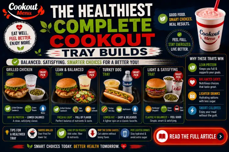 Healthiest Cookout menu items showing balanced Cookout tray combinations with lean protein, lighter sides, and healthier drinks.