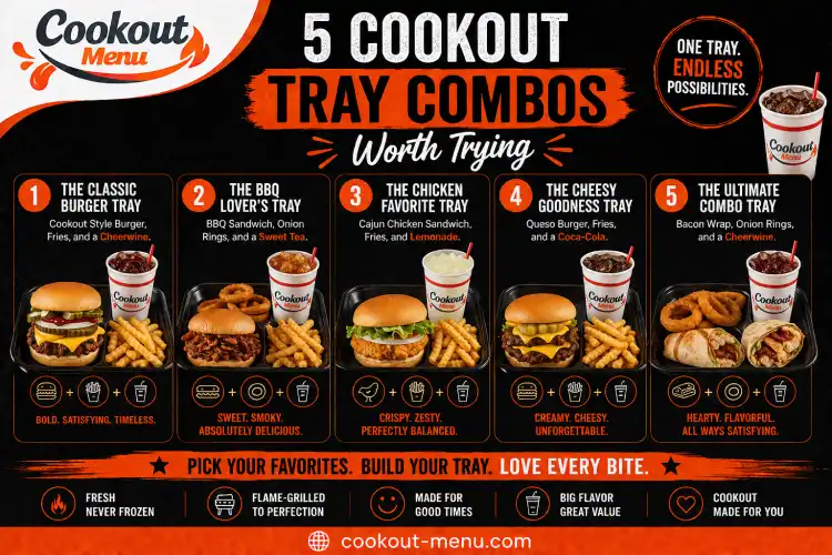 5 Cookout Tray Combos Worth Trying featuring the best Cookout tray combinations with burgers, chicken sandwiches, fries, wraps, and drinks.