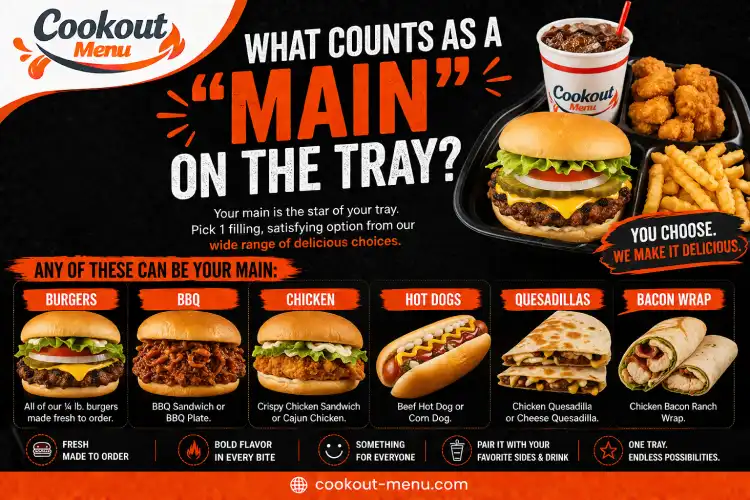 Cookout Tray Combos guide showcasing five popular meal combinations with mains, sides, and drinks.