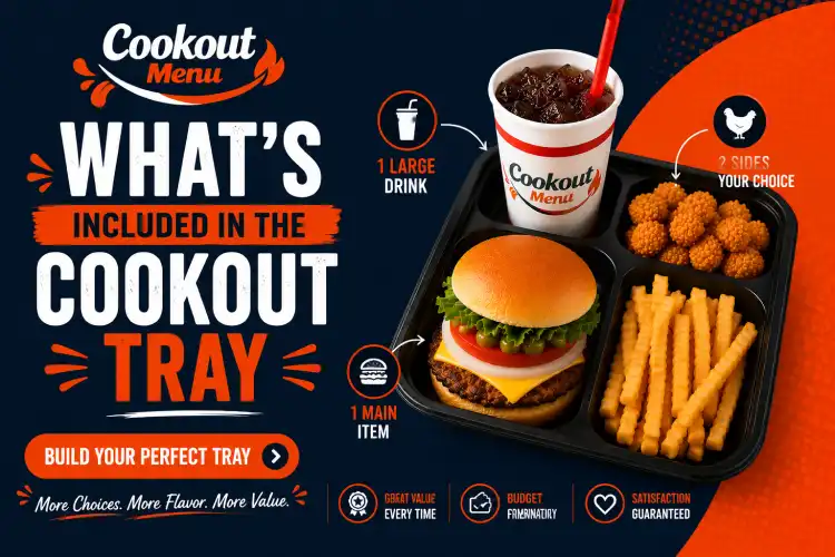 Cookout Tray overview showing one main item, two sides, a large drink, and customizable meal options.
