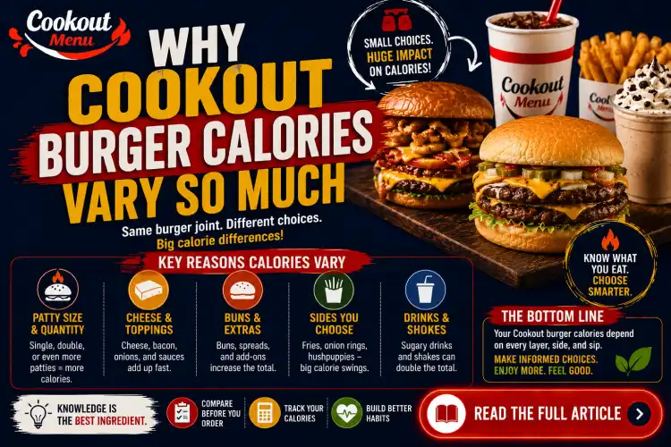 Lowest calorie Cookout burger guide explaining how toppings, sauces, cheese, and burger styles affect total calorie counts.