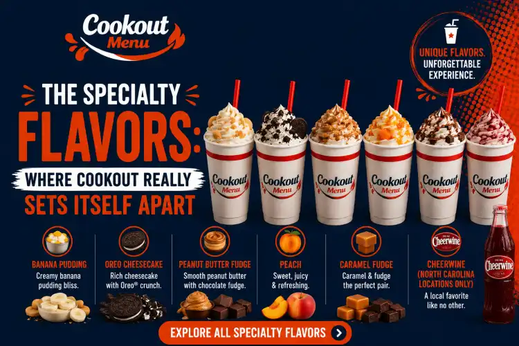 Best Cookout Milkshake Flavor showcasing specialty favorites including Banana Pudding, Oreo Cheesecake, Peanut Butter Fudge, Peach, Caramel Fudge, and Cheerwine.