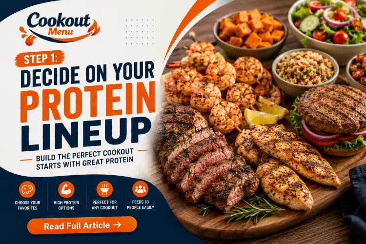 Easy Cookout menu for 10 people with grilled chicken, burgers, shrimp, and steak as the perfect protein lineup.