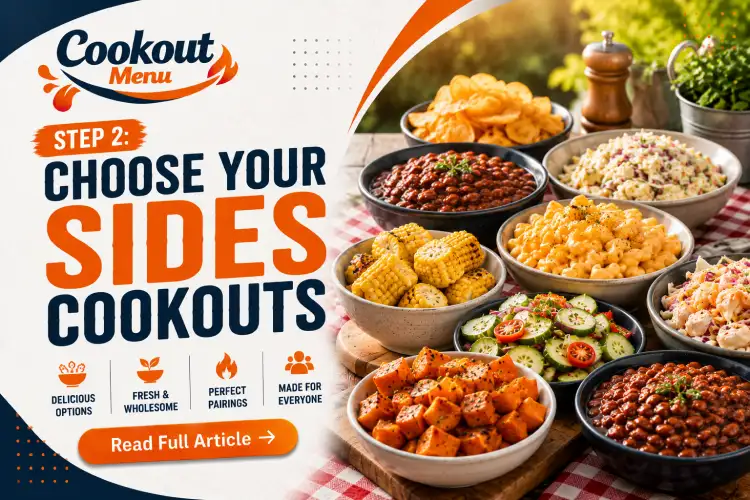 Easy Cookout menu for 10 people featuring healthy side dishes including grilled vegetables, salads, sweet potatoes, and protein bowls.