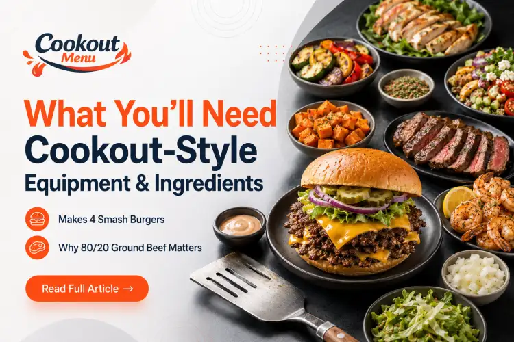 Cookout style smash burger with crispy beef edges, melted cheese, pickles, onions, and fresh grilled side dishes