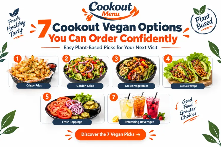 Cookout Vegan Options showing 7 vegan-friendly choices with fresh vegetables, fries, salads, drinks, and customizable items you can order with confidence.