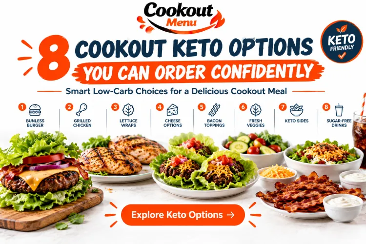 Cookout Keto Options showing 8 low-carb menu choices you can order confidently with grilled foods, customizable sides, and keto-friendly meal ideas.