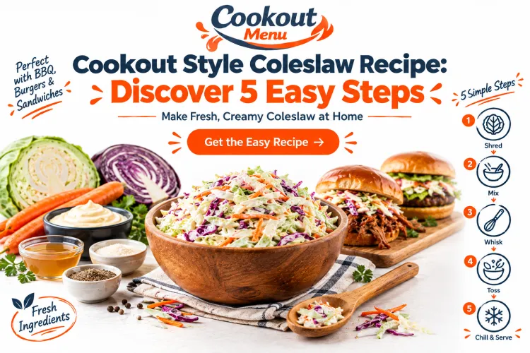 Cookout Style Coleslaw Recipe featuring a creamy bowl of homemade coleslaw with shredded cabbage, carrots, dressing, and 5 simple preparation steps.
