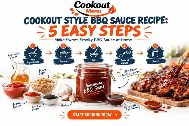 Cookout Style BBQ Sauce Recipe featuring 5 easy steps to prepare a homemade BBQ sauce using ketchup, brown sugar, spices, vinegar, and seasonings.