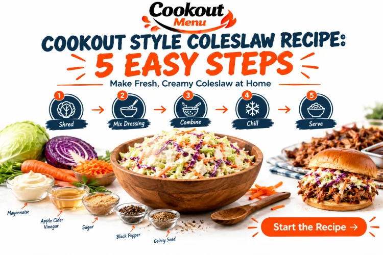 Cookout Style Coleslaw Recipe showing 5 easy steps to prepare homemade coleslaw with simple ingredients, creamy dressing, and a refreshing classic side dish flavor.