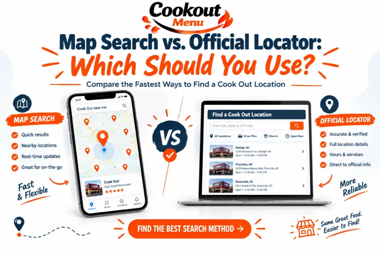 Cookout Near Me comparison showing map search versus official locator tools to help users find accurate restaurant locations and plan their visit easily.