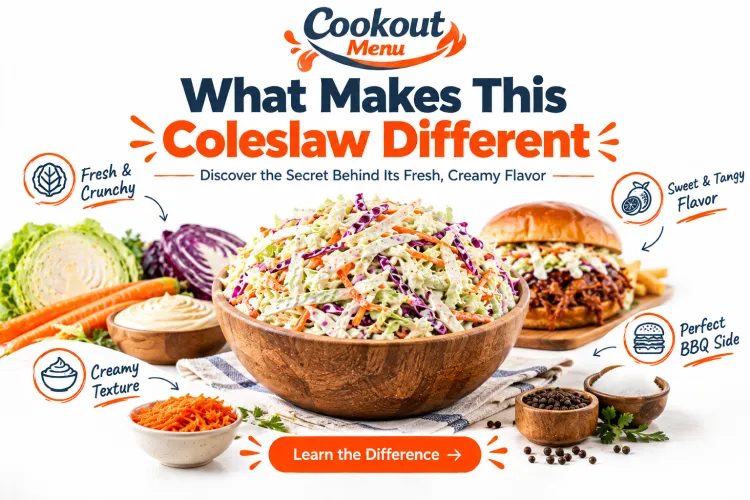 Cookout Style Coleslaw Recipe highlighting what makes this creamy coleslaw different with fresh vegetables, balanced flavors, crunchy texture, and signature taste.
